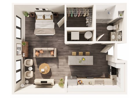 Floor plan for studio, 1 bath, 607 sqft